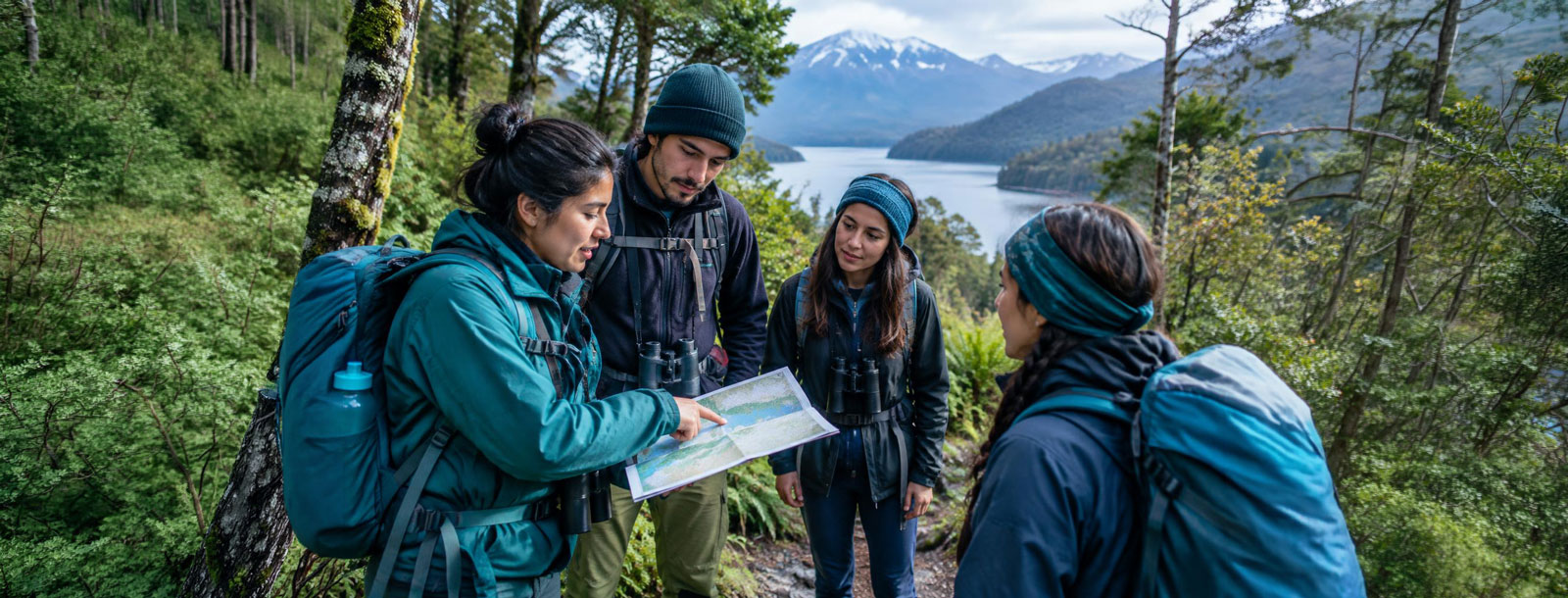 Guías de ecoturismo planificando una experiencia en un bosque del sur de Chile