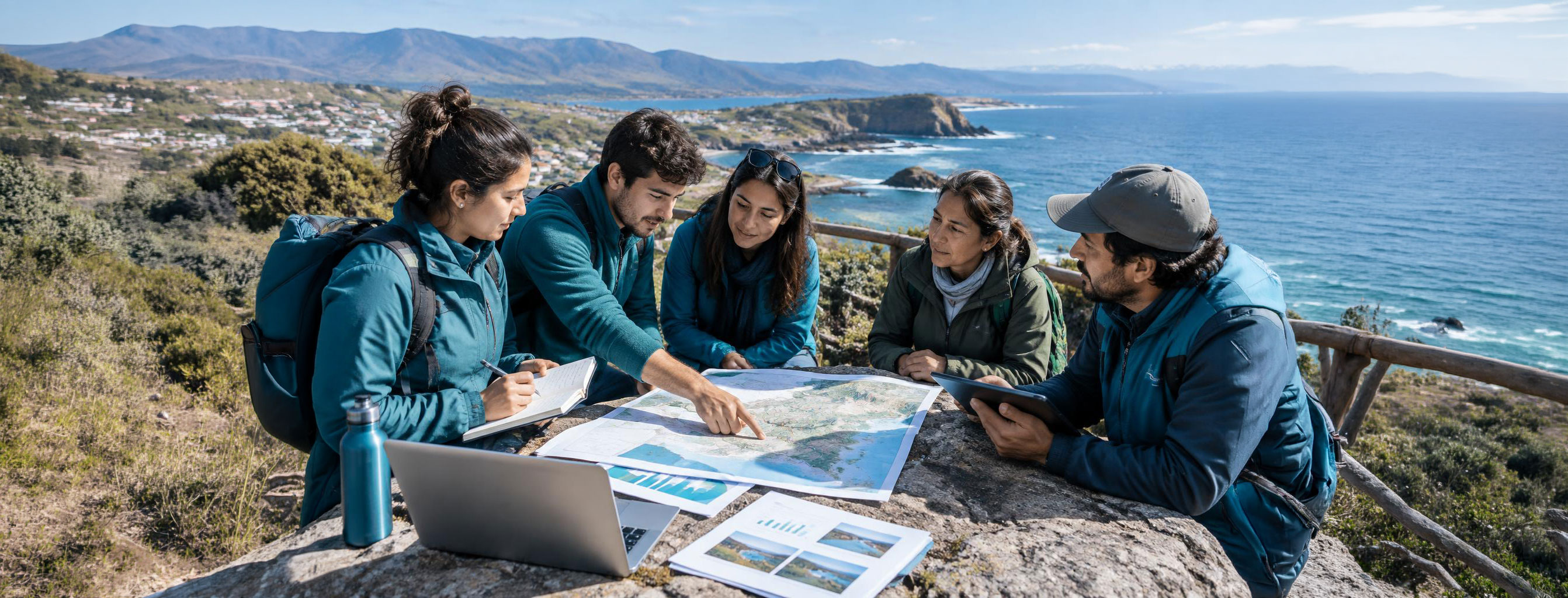 Equipo de turismo planificando un destino costero de Chile