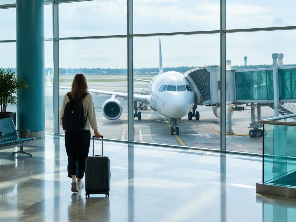 Terminal de aeropuerto moderno con viajeros