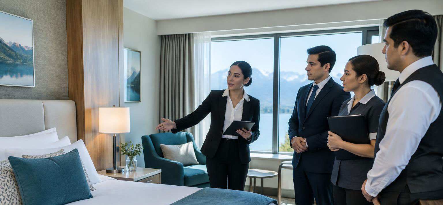 Equipo de administración hotelera revisando una habitación